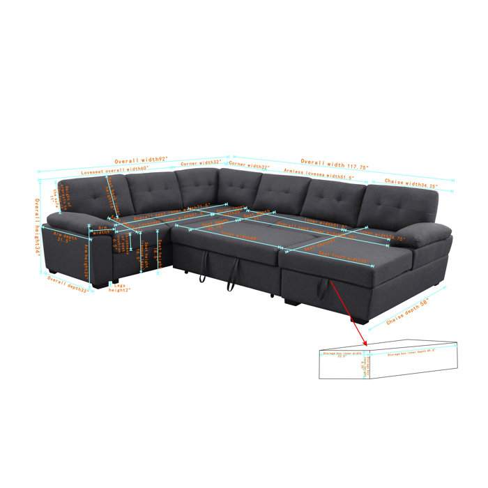 Latitude Run® Aine 118" Wide Fabric Sectional Sleeper Sofa (PullOut